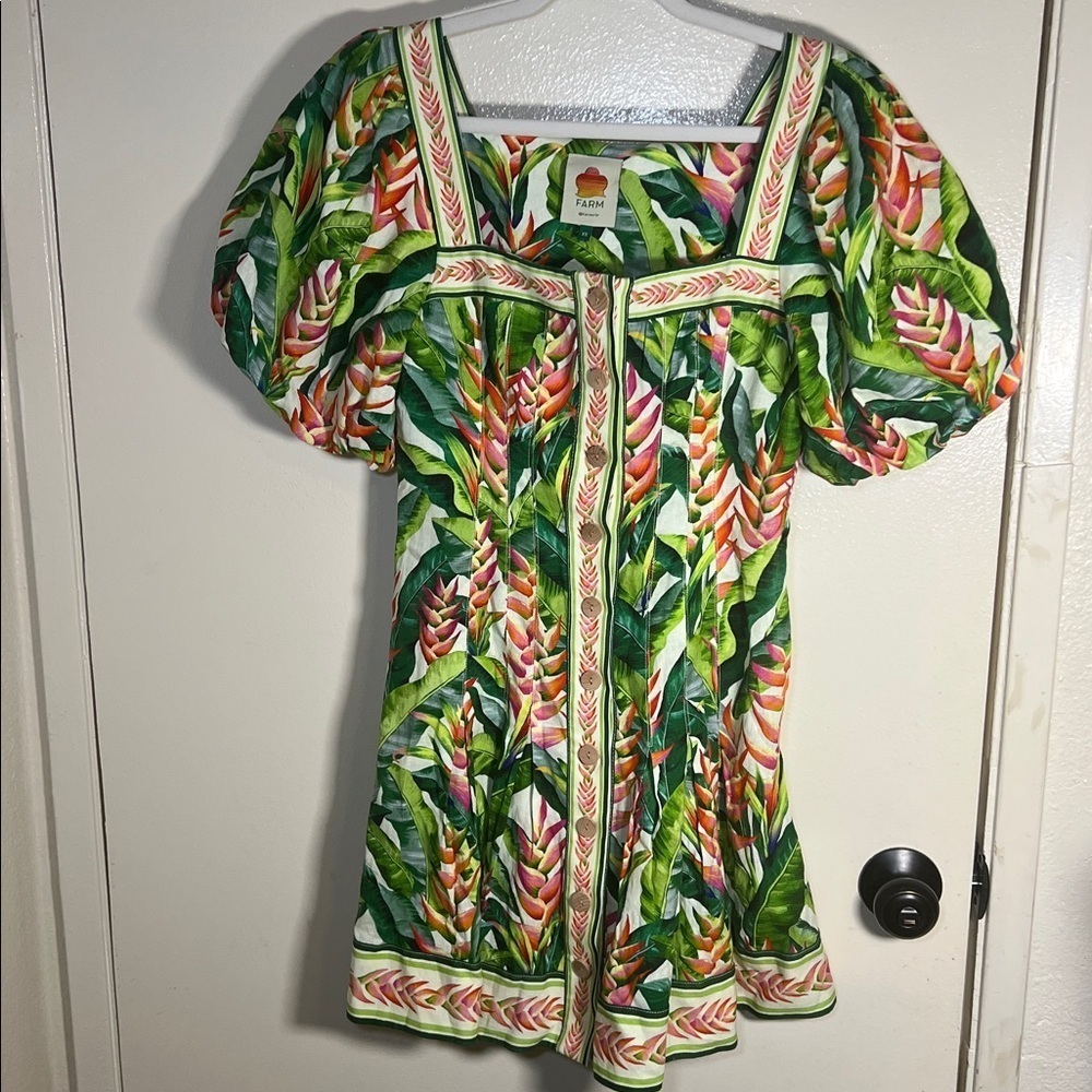 FARM Rio Green Leaf Print mini Dress XS - Picture 2 of 13